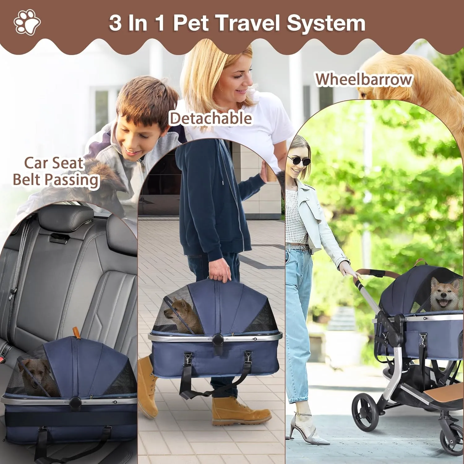 Dog Stroller for Small Medium Dogs, 3 in 1 Folding Pet Stroller Up to 33 lbs, 4 Wheels Pet Strolling Cart, Cat Dog Travel Carrier with Storage Basket and Cup Holder
