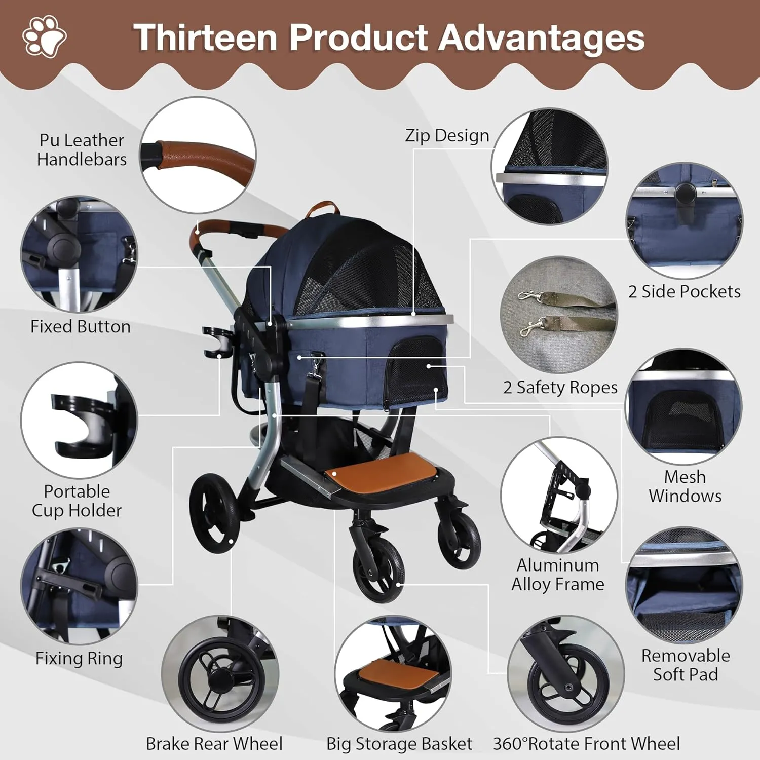 Dog Stroller for Small Medium Dogs, 3 in 1 Folding Pet Stroller Up to 33 lbs, 4 Wheels Pet Strolling Cart, Cat Dog Travel Carrier with Storage Basket and Cup Holder