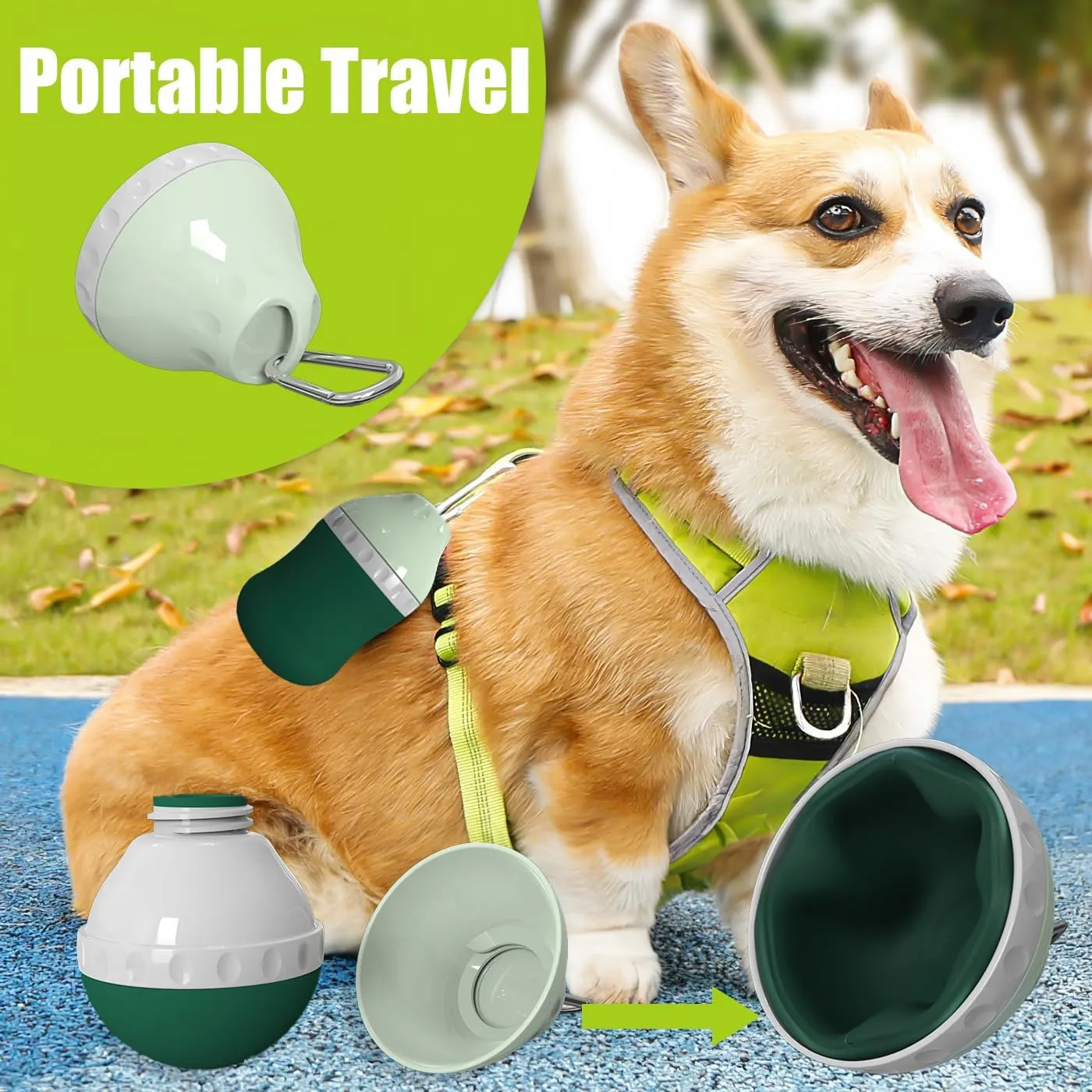 Dog Travel Water Bottle Detachable Bowl Leak Proof Portable Silicone Bottle BodyCollapsible and Suitable for Small Pets for Outdoor Walking, Hiking, Travel (Green, 400 ml)