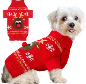 Dog Ugly Christmas Sweater Red Elk Xmas Dog Cat Outfit New Year Holiday Costumes Puppy Cat Sweater with Leash Hole for Small Medium Large Dogs Girl Boy Turtleneck Winter Warm Pet Clothes