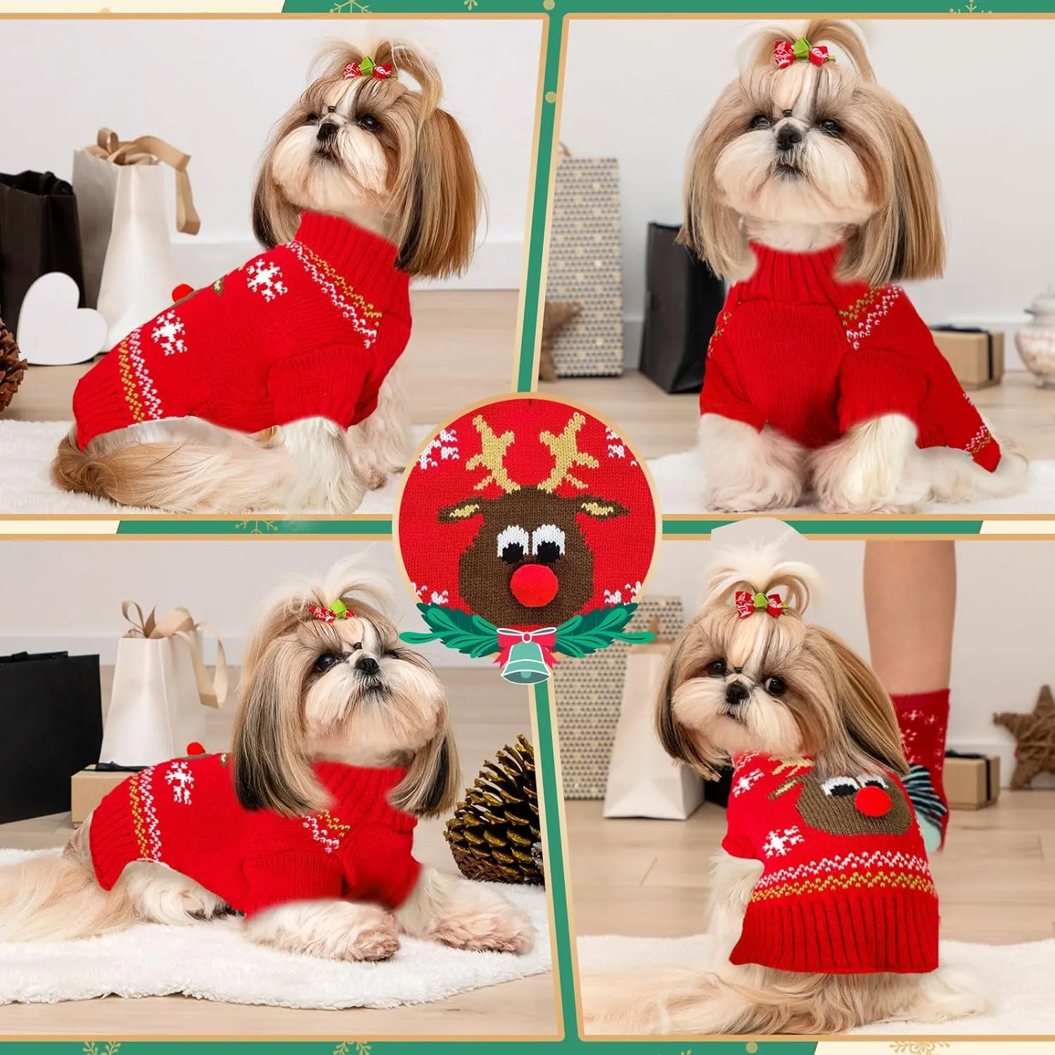 Dog Ugly Christmas Sweater Red Elk Xmas Dog Cat Outfit New Year Holiday Costumes Puppy Cat Sweater with Leash Hole for Small Medium Large Dogs Girl Boy Turtleneck Winter Warm Pet Clothes