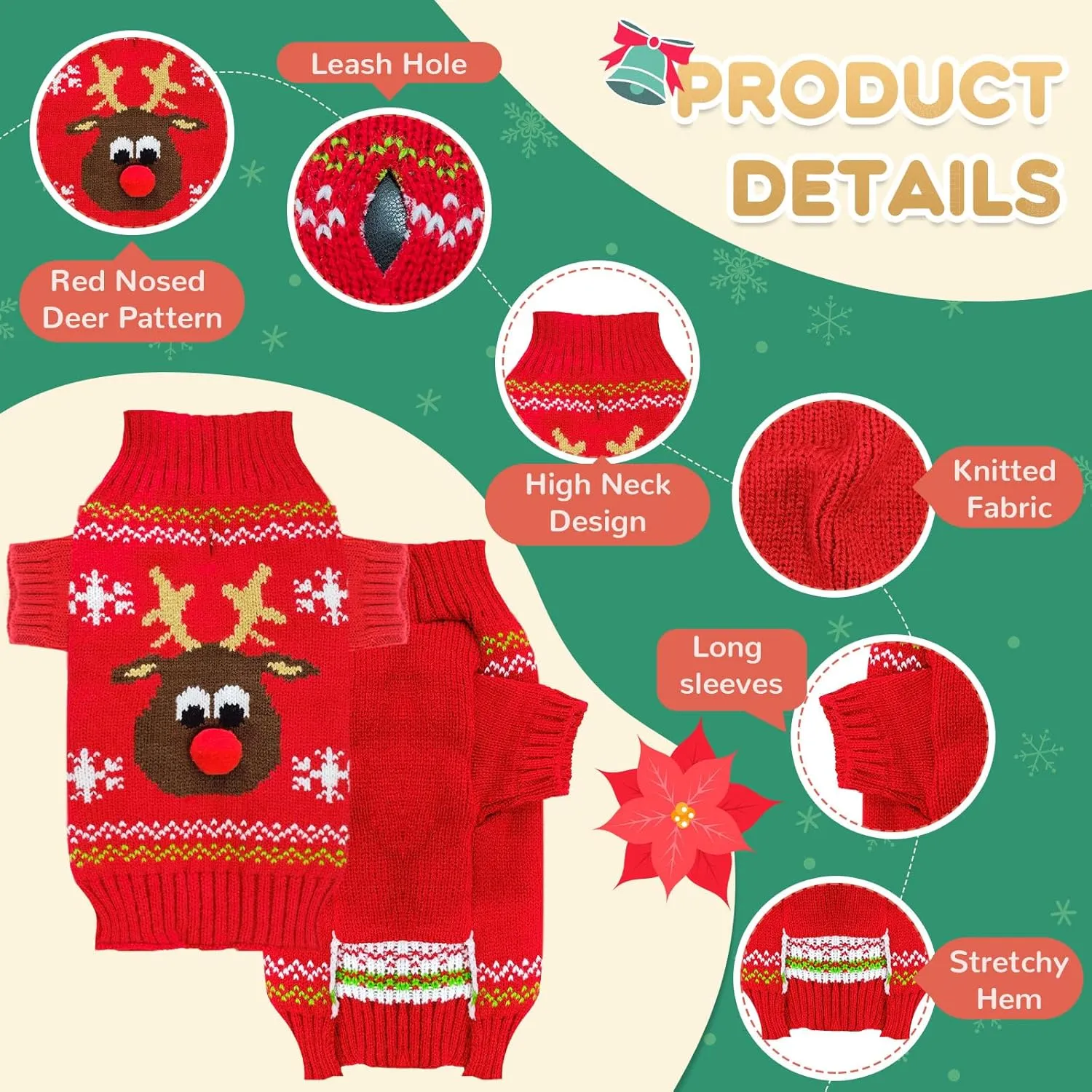 Dog Ugly Christmas Sweater Red Elk Xmas Dog Cat Outfit New Year Holiday Costumes Puppy Cat Sweater with Leash Hole for Small Medium Large Dogs Girl Boy Turtleneck Winter Warm Pet Clothes