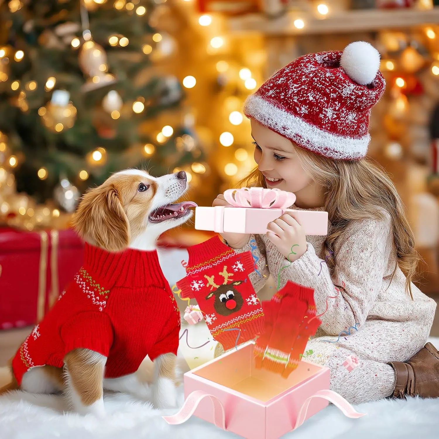 Dog Ugly Christmas Sweater Red Elk Xmas Dog Cat Outfit New Year Holiday Costumes Puppy Cat Sweater with Leash Hole for Small Medium Large Dogs Girl Boy Turtleneck Winter Warm Pet Clothes