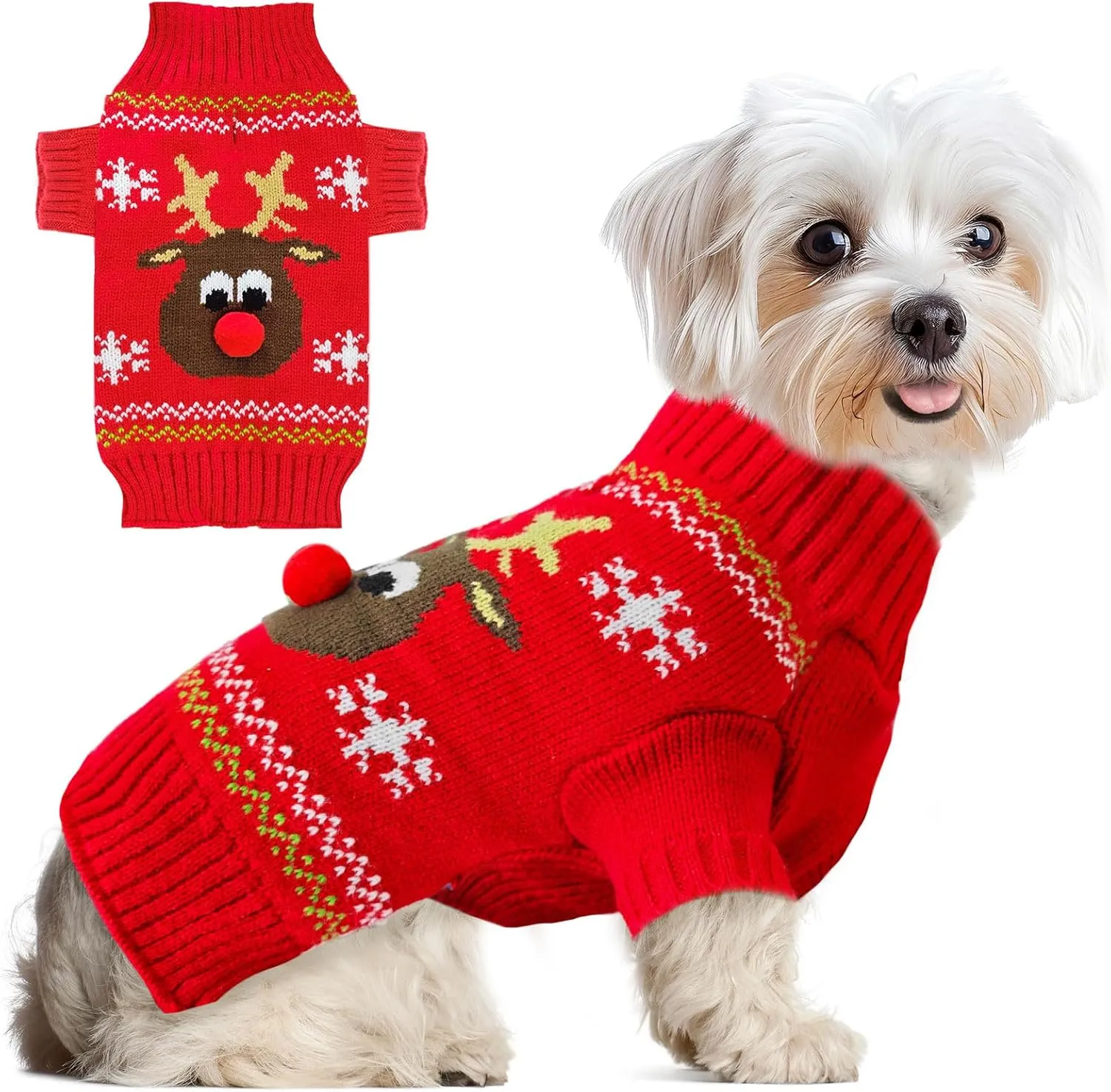 Dog Ugly Christmas Sweater Red Elk Xmas Dog Cat Outfit New Year Holiday Costumes Puppy Cat Sweater with Leash Hole for Small Medium Large Dogs Girl Boy Turtleneck Winter Warm Pet Clothes