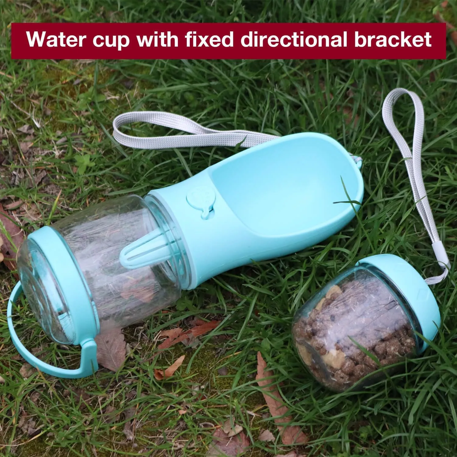 Dog Water Bottle with Food Container Holder, Travel Puppy Drinking Bowl, Portable Pet Water Dispenser, Patented Design, Food Grade Plastic 12 oz Water Bottle 100g Snack cans