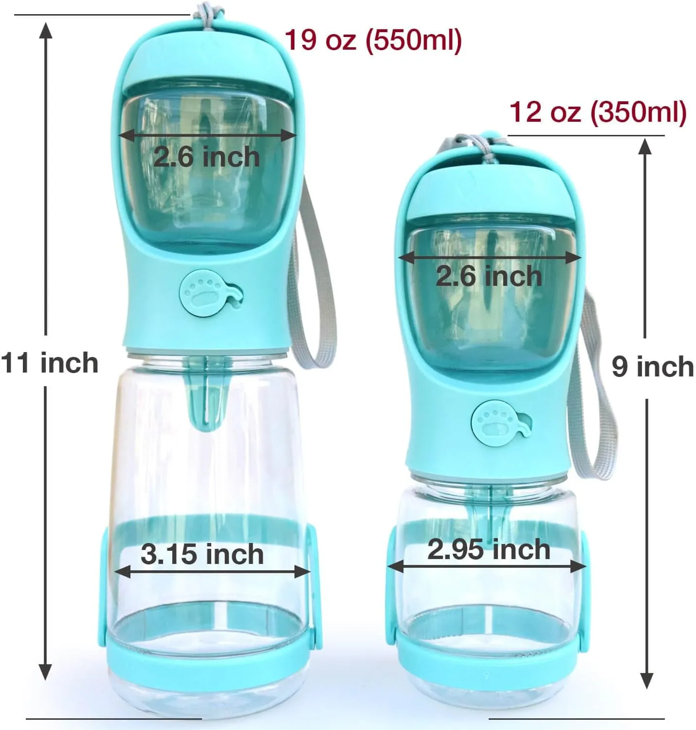 Dog Water Bottle with Food Container Holder, Travel Puppy Drinking Bowl, Portable Pet Water Dispenser, Patented Design, Food Grade Plastic 12 oz Water Bottle 100g Snack cans