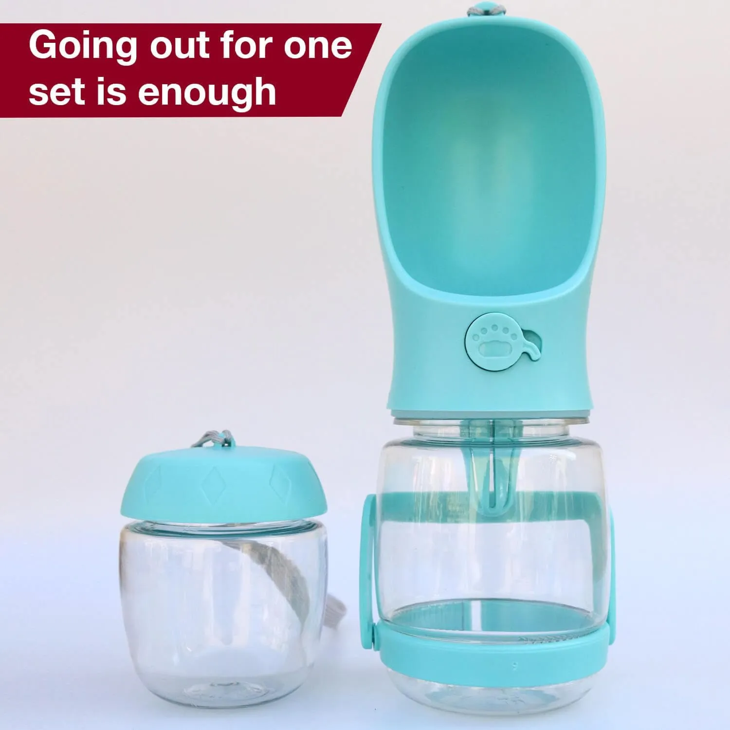 Dog Water Bottle with Food Container Holder, Travel Puppy Drinking Bowl, Portable Pet Water Dispenser, Patented Design, Food Grade Plastic 12 oz Water Bottle 100g Snack cans