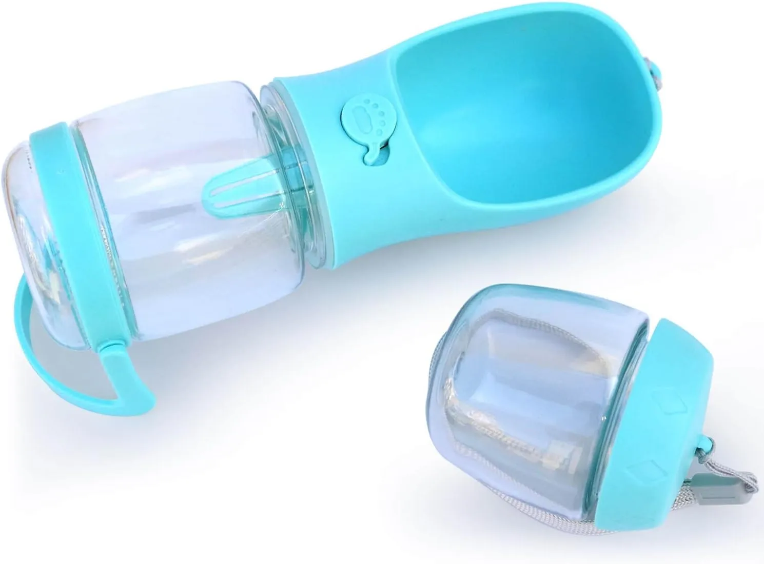 Dog Water Bottle with Food Container Holder, Travel Puppy Drinking Bowl, Portable Pet Water Dispenser, Patented Design, Food Grade Plastic 12 oz Water Bottle 100g Snack cans