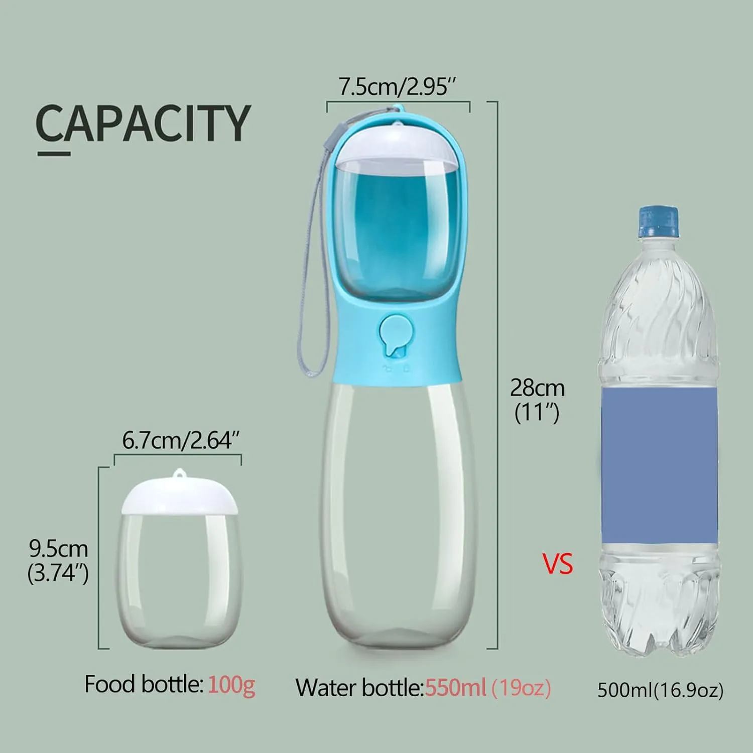 Dog Water Bottle,Portable pet Water Bottle with Food Container,Outdoor Portable Water Dispenser for Cat,Rabbit,Puppy and Other Pets for Walking,Hiking,Travel(10oz)