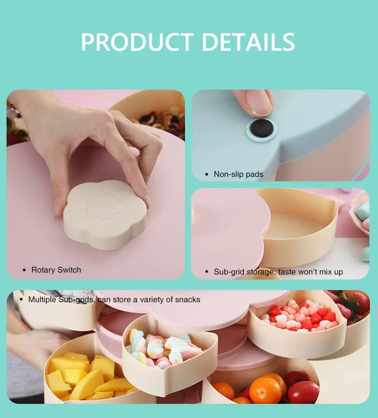 Double Deck Snack Box Flower Shaped Rotating Candy Serving Containers with Phone Holder, 10 Grid Creative Snacks Storage Tray for Dried Fruit, Nuts, Chips, Olives