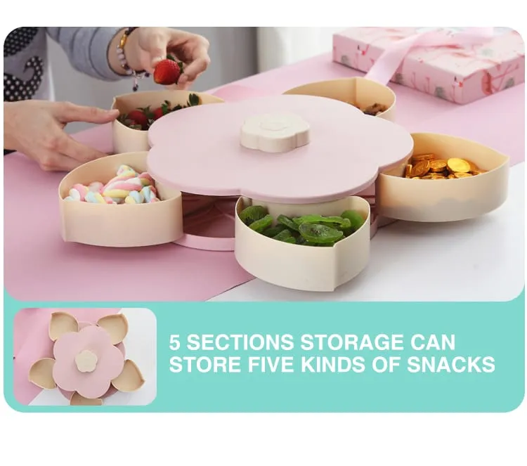 Double Deck Snack Box Flower Shaped Rotating Candy Serving Containers with Phone Holder, 10 Grid Creative Snacks Storage Tray for Dried Fruit, Nuts, Chips, Olives