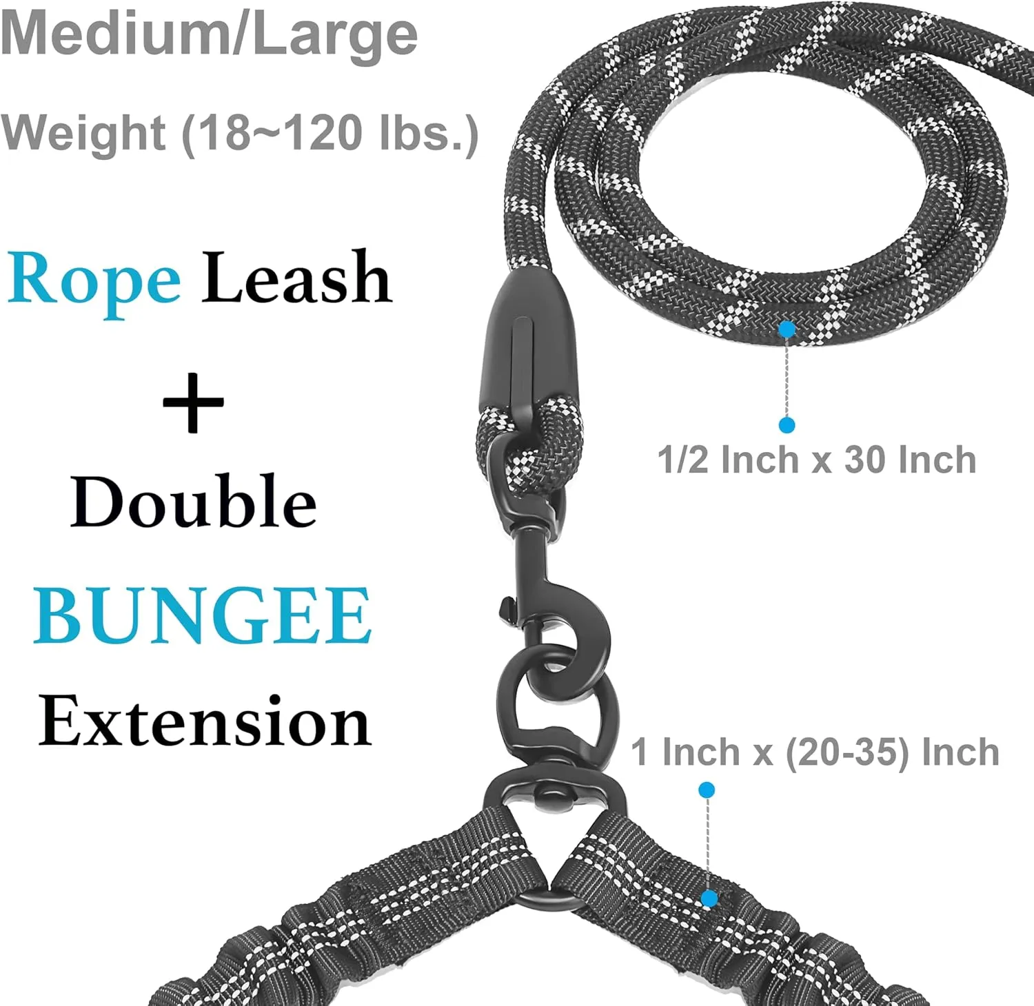 Double Dog Leash with Two Extra Traffic Handles, 360 Swivel No Tangle Dual Dog Walking Leash, Comfortable Shock Absorbing Reflective Bungee for Two Dogs (18~120 lbs, Black)