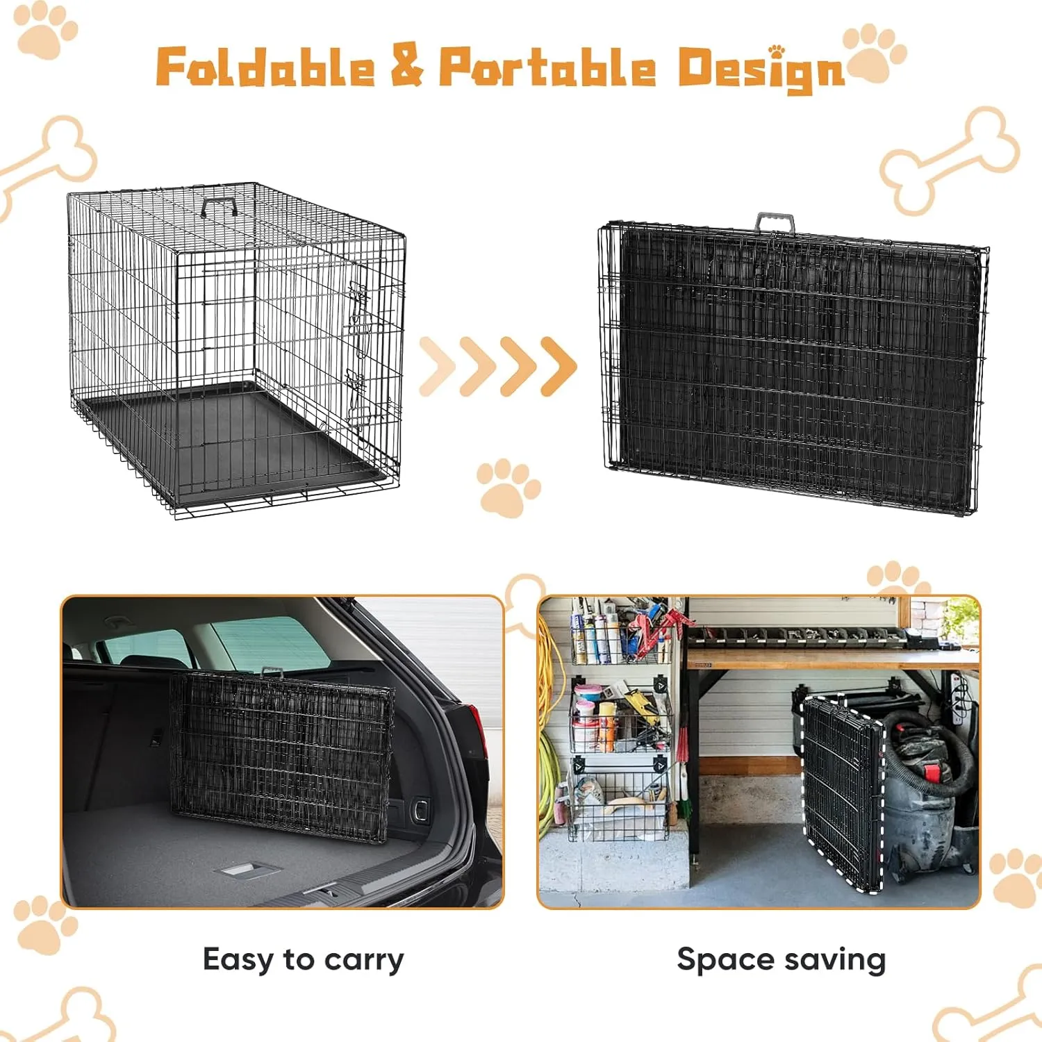 DUMOS Dog Crate, 30 Inch Medium Double Door Dog Cage with Divider Panel and Plastic Leak-Proof Pan Tray, Folding Metal Wire Pet Kennel for Indoor, Outdoor, Travel