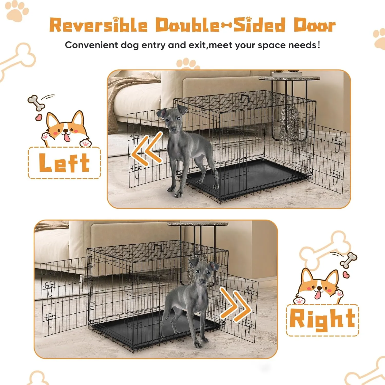DUMOS Dog Crate, 30 Inch Medium Double Door Dog Cage with Divider Panel and Plastic Leak-Proof Pan Tray, Folding Metal Wire Pet Kennel for Indoor, Outdoor, Travel