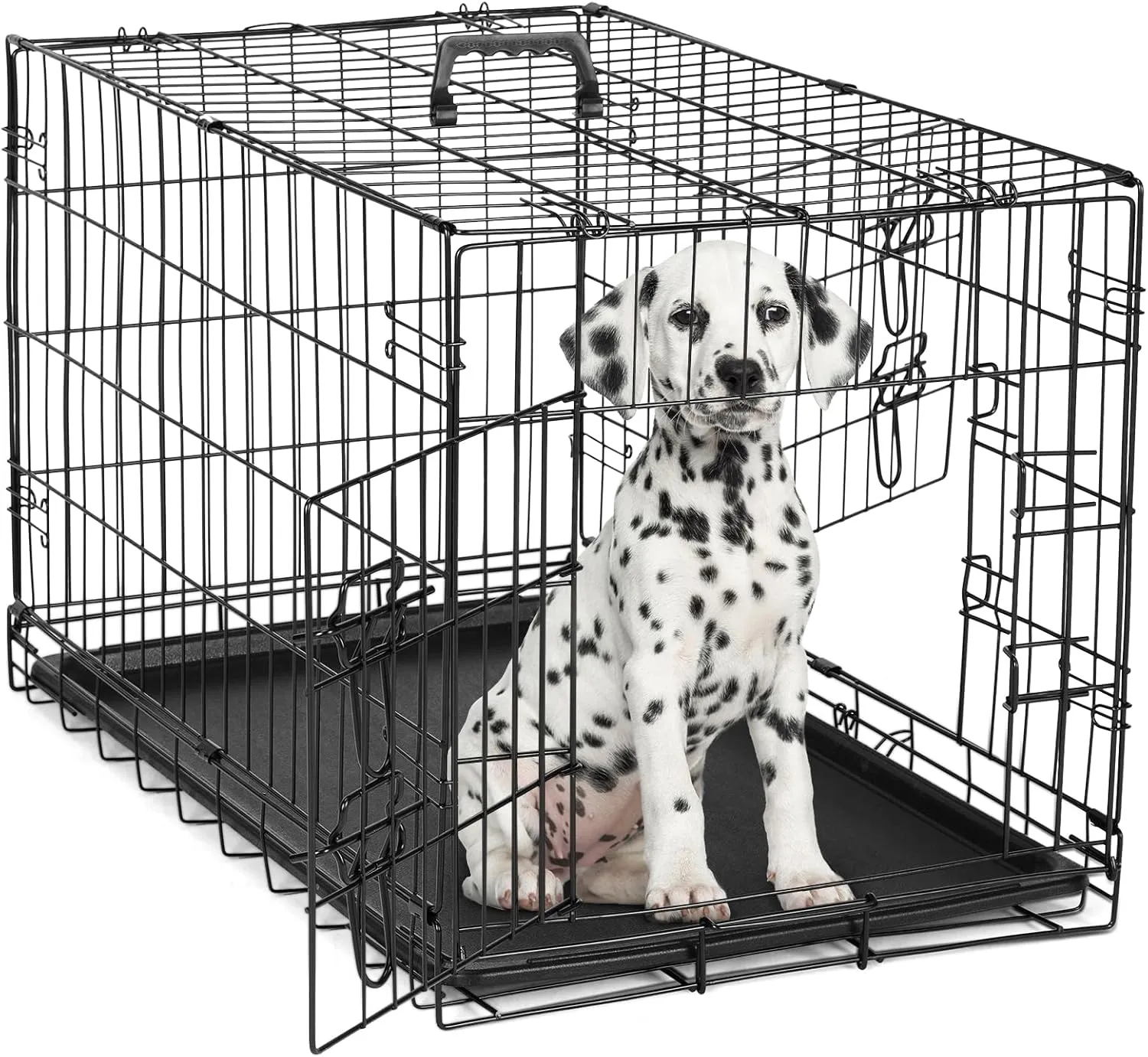 DUMOS Dog Crate, 30 Inch Medium Double Door Dog Cage with Divider Panel and Plastic Leak-Proof Pan Tray, Folding Metal Wire Pet Kennel for Indoor, Outdoor, Travel