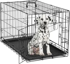DUMOS Dog Crate, 30 Inch Medium Double Door Dog Cage with Divider Panel and Plastic Leak-Proof Pan Tray, Folding Metal Wire Pet Kennel for Indoor, Outdoor, Travel