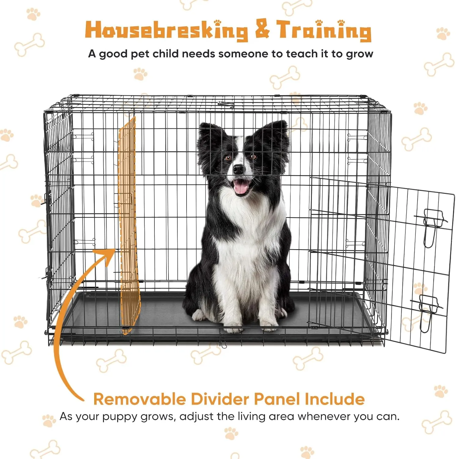 DUMOS Dog Crate, 30 Inch Medium Double Door Dog Cage with Divider Panel and Plastic Leak-Proof Pan Tray, Folding Metal Wire Pet Kennel for Indoor, Outdoor, Travel