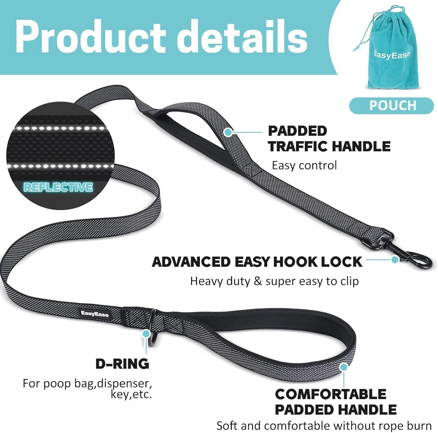 EasyEase Dog Leash with 2 Comfortable Soft Padded Handles 4FT Black Reflective Heavy Duty Pet Dog Walking Leashes Durable Dog Training Lead & Traffic Handle for Large Medium and Small Dogs