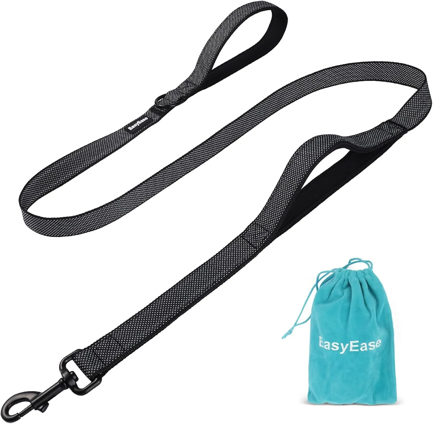 EasyEase Dog Leash with 2 Comfortable Soft Padded Handles 4FT Black Reflective Heavy Duty Pet Dog Walking Leashes Durable Dog Training Lead & Traffic Handle for Large Medium and Small Dogs