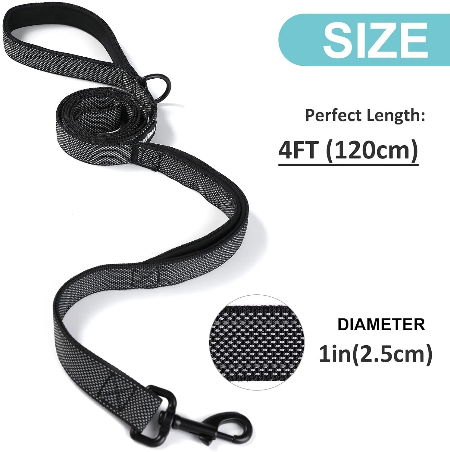 EasyEase Dog Leash with 2 Comfortable Soft Padded Handles 4FT Black Reflective Heavy Duty Pet Dog Walking Leashes Durable Dog Training Lead & Traffic Handle for Large Medium and Small Dogs