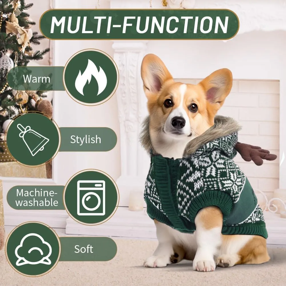 EMUST Knit Dog Sweater for Christmas & Holiday, Large Size Dog Reindeer Costume with Leash Hole (XXL, Green)