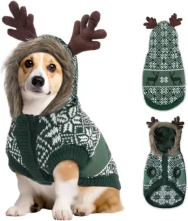 EMUST Knit Dog Sweater for Christmas & Holiday, Large Size Dog Reindeer Costume with Leash Hole (XXL, Green)