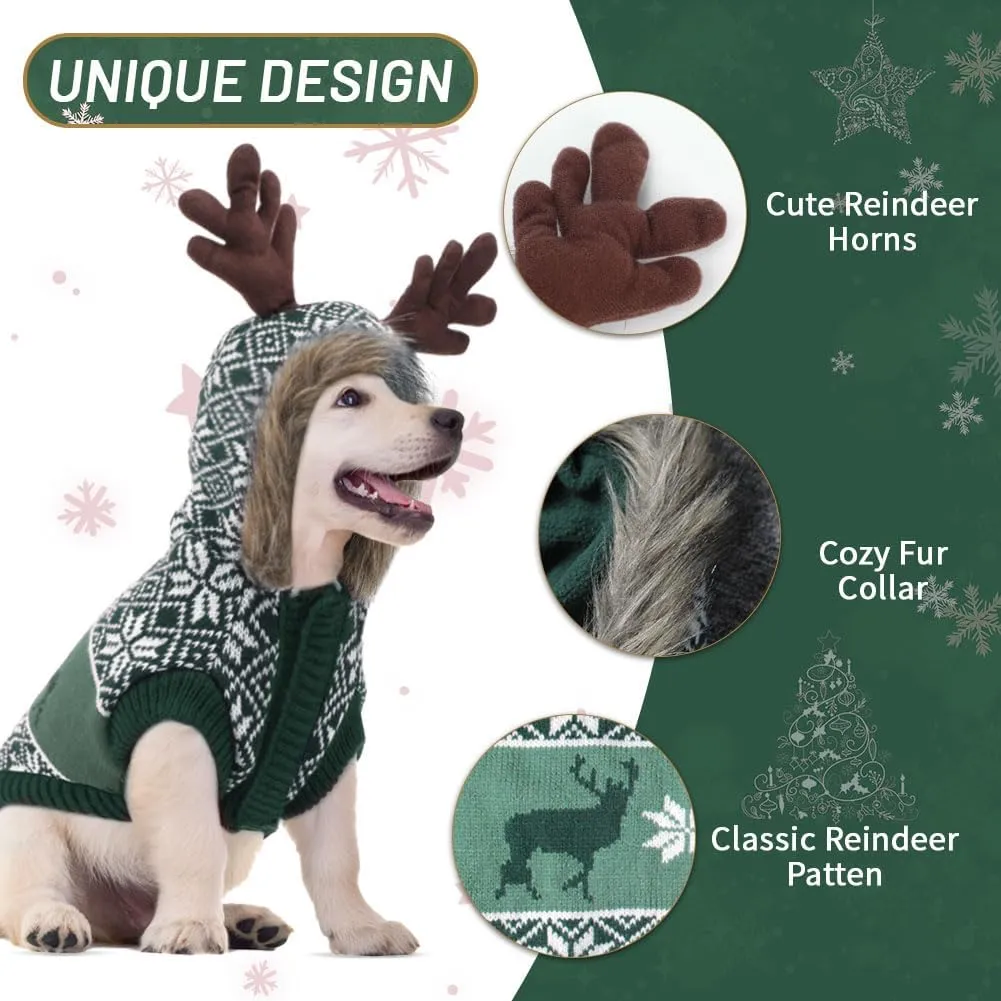 EMUST Knit Dog Sweater for Christmas & Holiday, Large Size Dog Reindeer Costume with Leash Hole (XXL, Green)