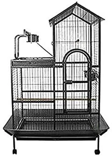 Extra Large Parrot Bird Wrought Iron Rolling Cage with Play Stand Perch Ground with Seed Guard (36" x 26" x 60"H, Black Vein)