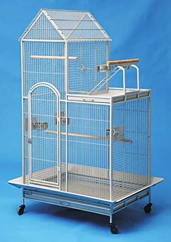 Extra Large Parrot Bird Wrought Iron Rolling Cage with Play Stand Perch Ground with Seed Guard (36" x 26" x 60"H, Black Vein)