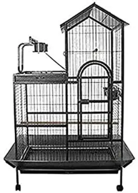 Extra Large Parrot Bird Wrought Iron Rolling Cage with Play Stand Perch Ground with Seed Guard (36" x 26" x 60"H, Black Vein)