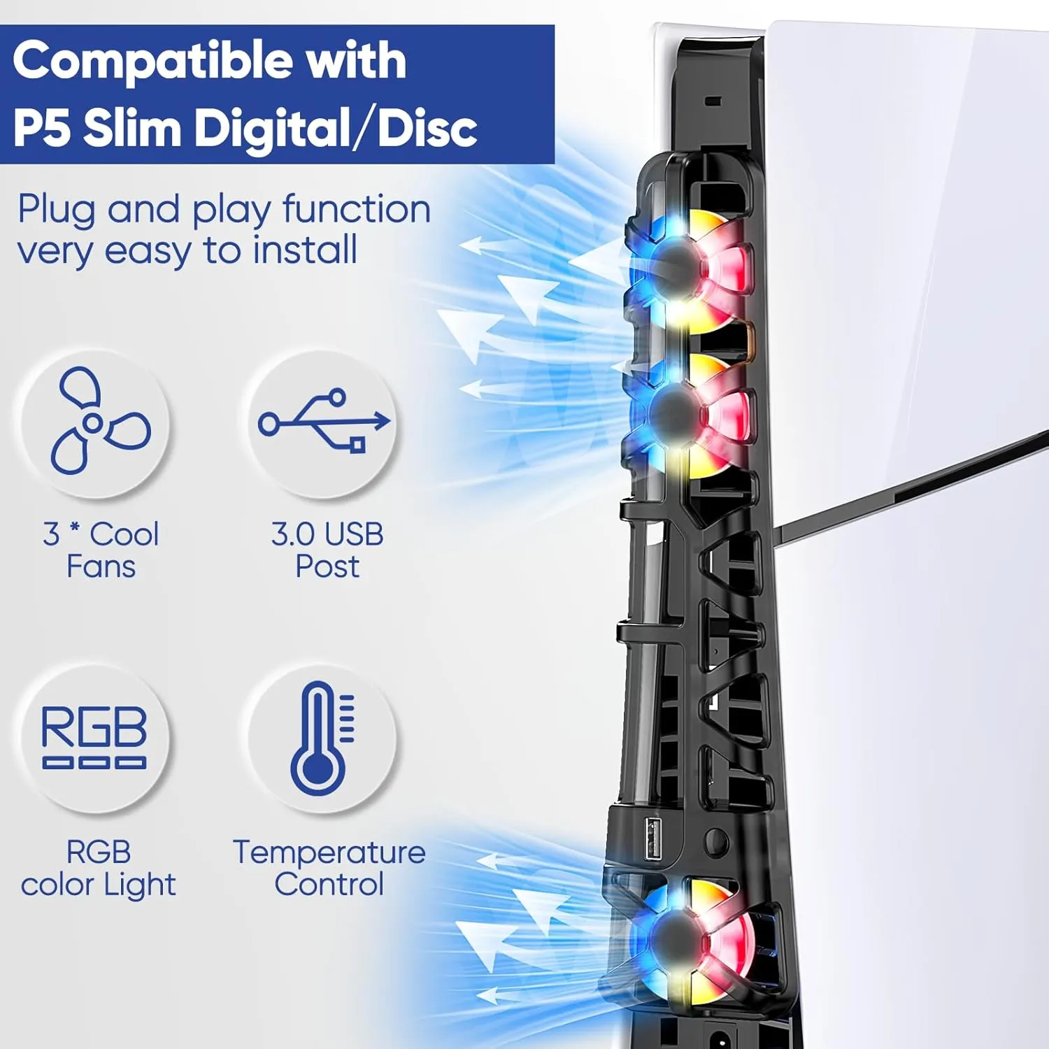 FASTSNAIL RGB Cooling Fan for PS5 Slim Console, Automatic Fan Speed Adjustable by Temperature, Auto Power On/Off, Low Noise Cooling System with RGB LED, USB 3.0 Port, 3 Fans for PS5 Slim