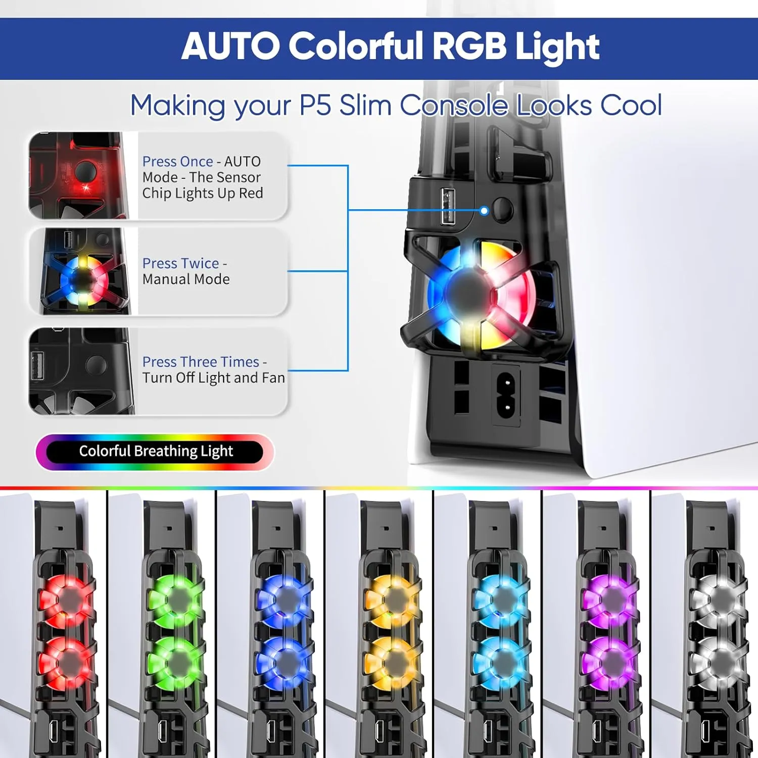 FASTSNAIL RGB Cooling Fan for PS5 Slim Console, Automatic Fan Speed Adjustable by Temperature, Auto Power On/Off, Low Noise Cooling System with RGB LED, USB 3.0 Port, 3 Fans for PS5 Slim