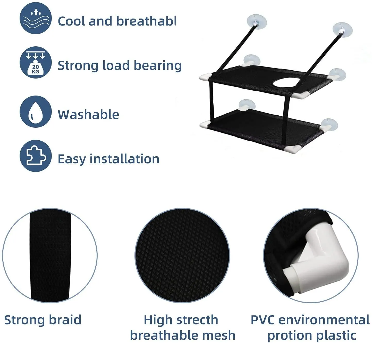 Hammock Bed with 6Pcs Strong Suction Cups Holds Up to 44lbs Pet for Large Cat and Kitten W280004