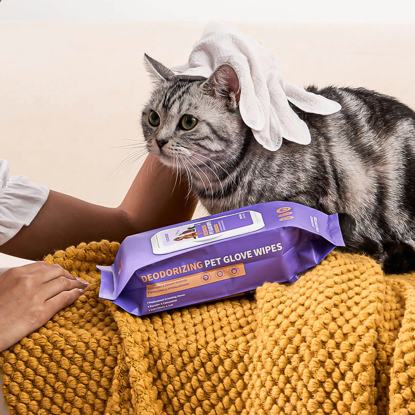 HICC Pet® Deodorizing Pet Glove Wipes For Cats, Lemon Verbena Scent, 20 Pcs