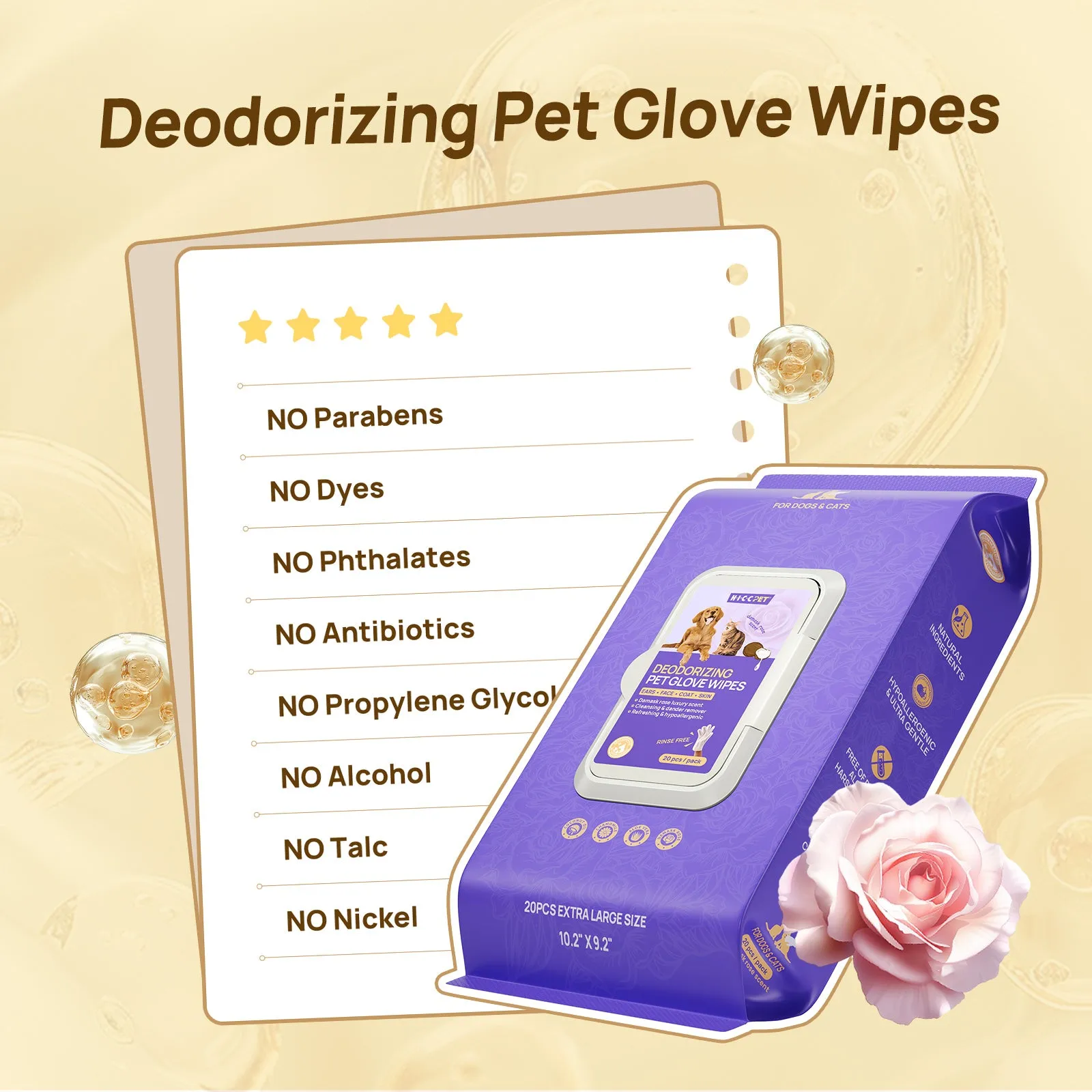 HICC Pet® Deodorizing Pet Glove Wipes For Dogs, Damask Rose Scent, 20 Pcs