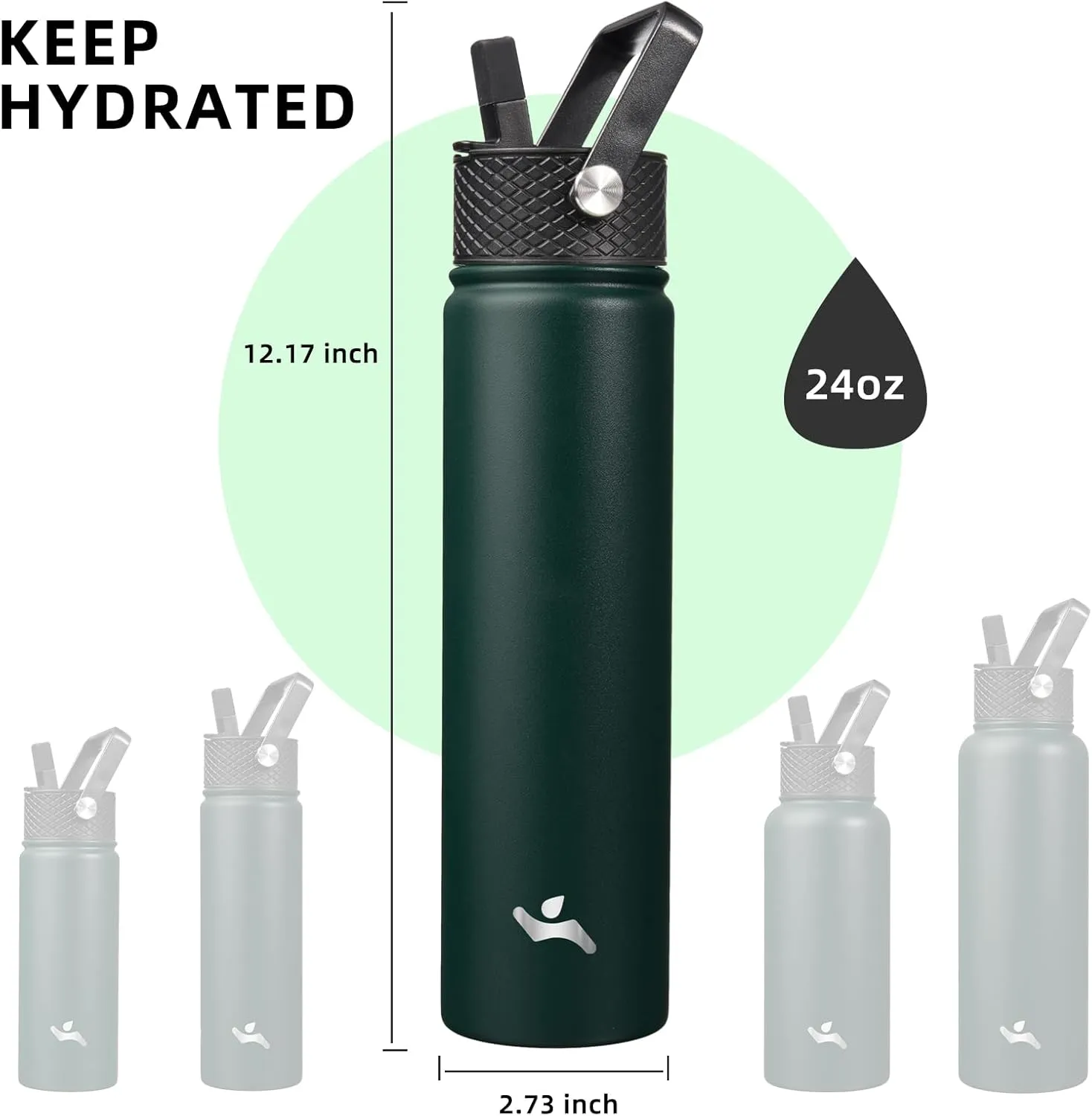 Insulated Water Bottle 24oz Stainless Steel Sport Bottles with 3 Lids,Army Green