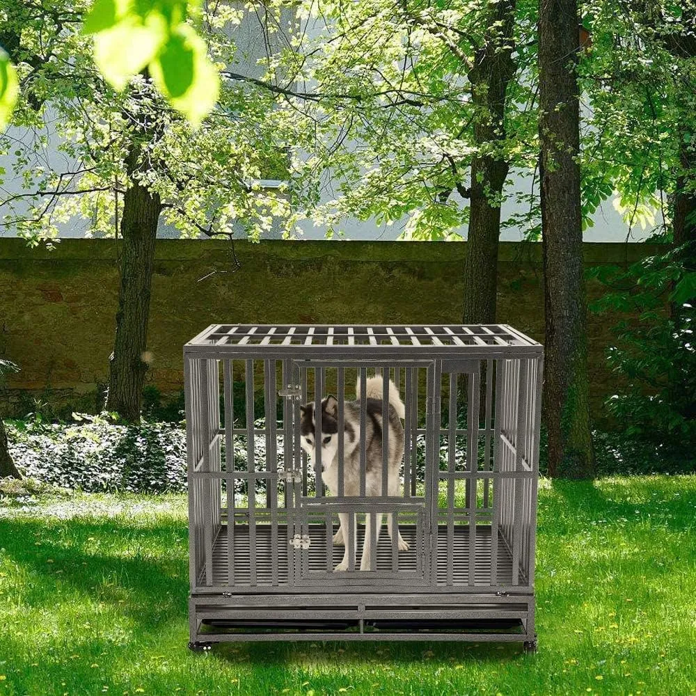 KELIXU 42 Heavy Duty Dog Crate Large Dog Cage Metal Dog Kennels and Crates for Large Dogs Indoor Outdoor with Locks, Lockable Wheels and Removable Tray, Easy to Install, Black