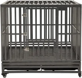 KELIXU 42 Heavy Duty Dog Crate Large Dog Cage Metal Dog Kennels and Crates for Large Dogs Indoor Outdoor with Locks, Lockable Wheels and Removable Tray, Easy to Install, Black