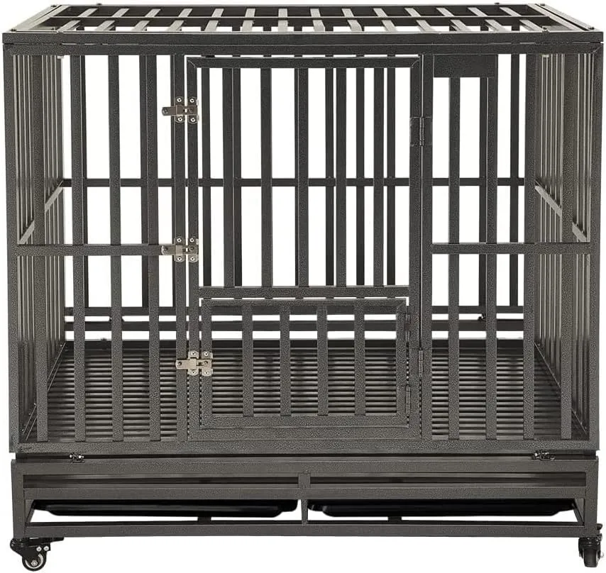 KELIXU 42 Heavy Duty Dog Crate Large Dog Cage Metal Dog Kennels and Crates for Large Dogs Indoor Outdoor with Locks, Lockable Wheels and Removable Tray, Easy to Install, Black