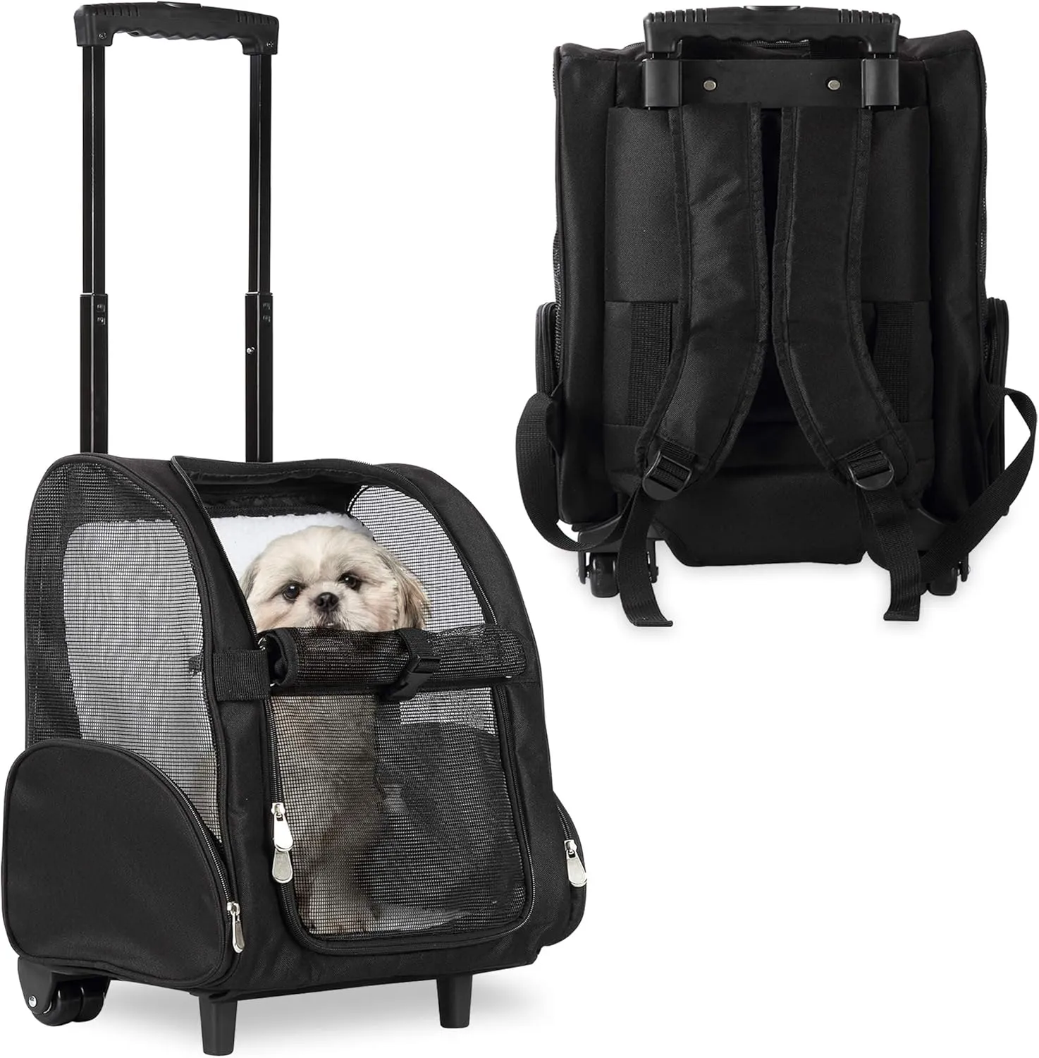 KOPEKS Deluxe Backpack Pet Travel Carrier with Double Wheels for Pets up to 18 Pounds - Black
