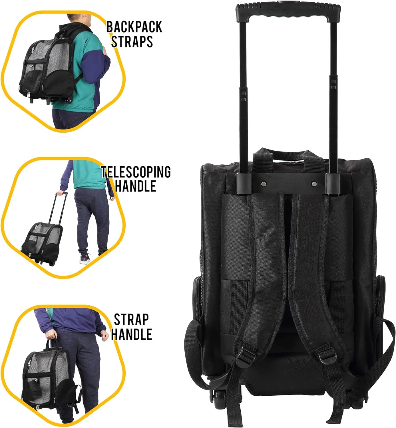 KOPEKS Deluxe Backpack Pet Travel Carrier with Double Wheels for Pets up to 18 Pounds - Black