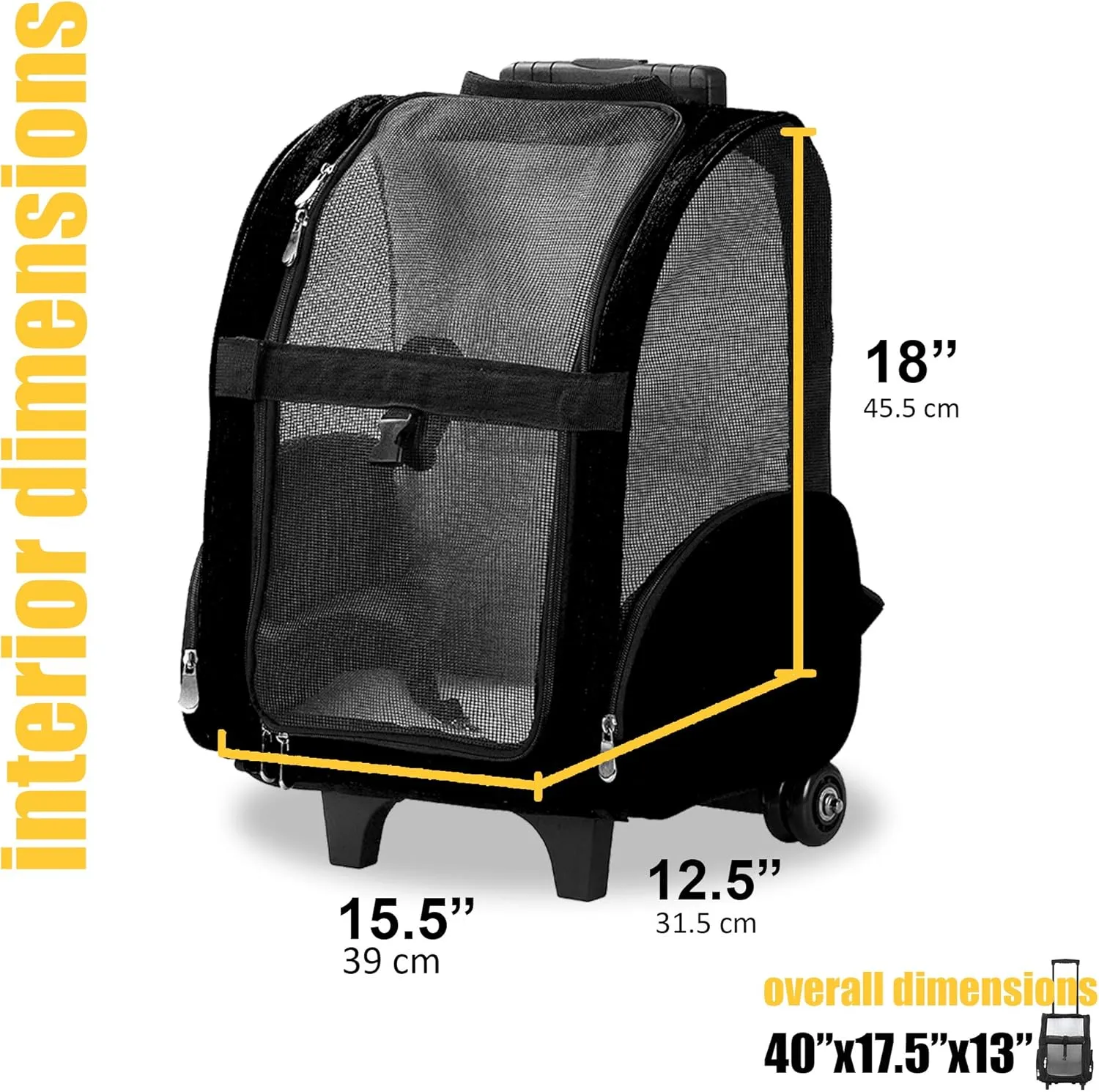 KOPEKS Deluxe Backpack Pet Travel Carrier with Double Wheels for Pets up to 18 Pounds - Black