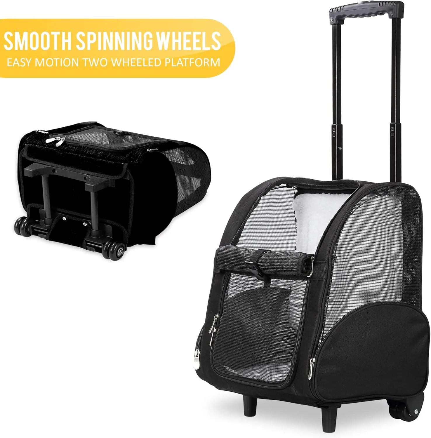 KOPEKS Deluxe Backpack Pet Travel Carrier with Double Wheels for Pets up to 18 Pounds - Black