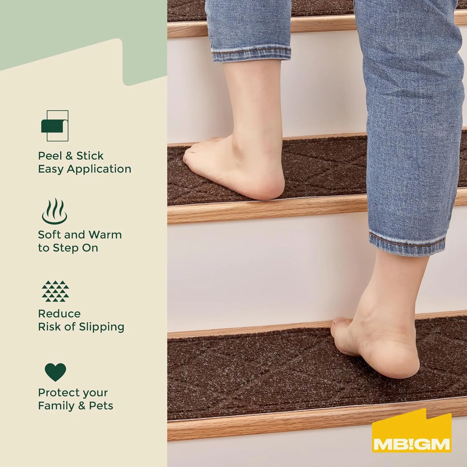 MBIGM 8" X 30" (15 in Pack) Non-Slip Carpet Stair Treads Non-Skid Safety Rug Slip Resistant Indoor Runner for Kids Elders & Pets with Reusable Adhesive - Brown Diamond Weave