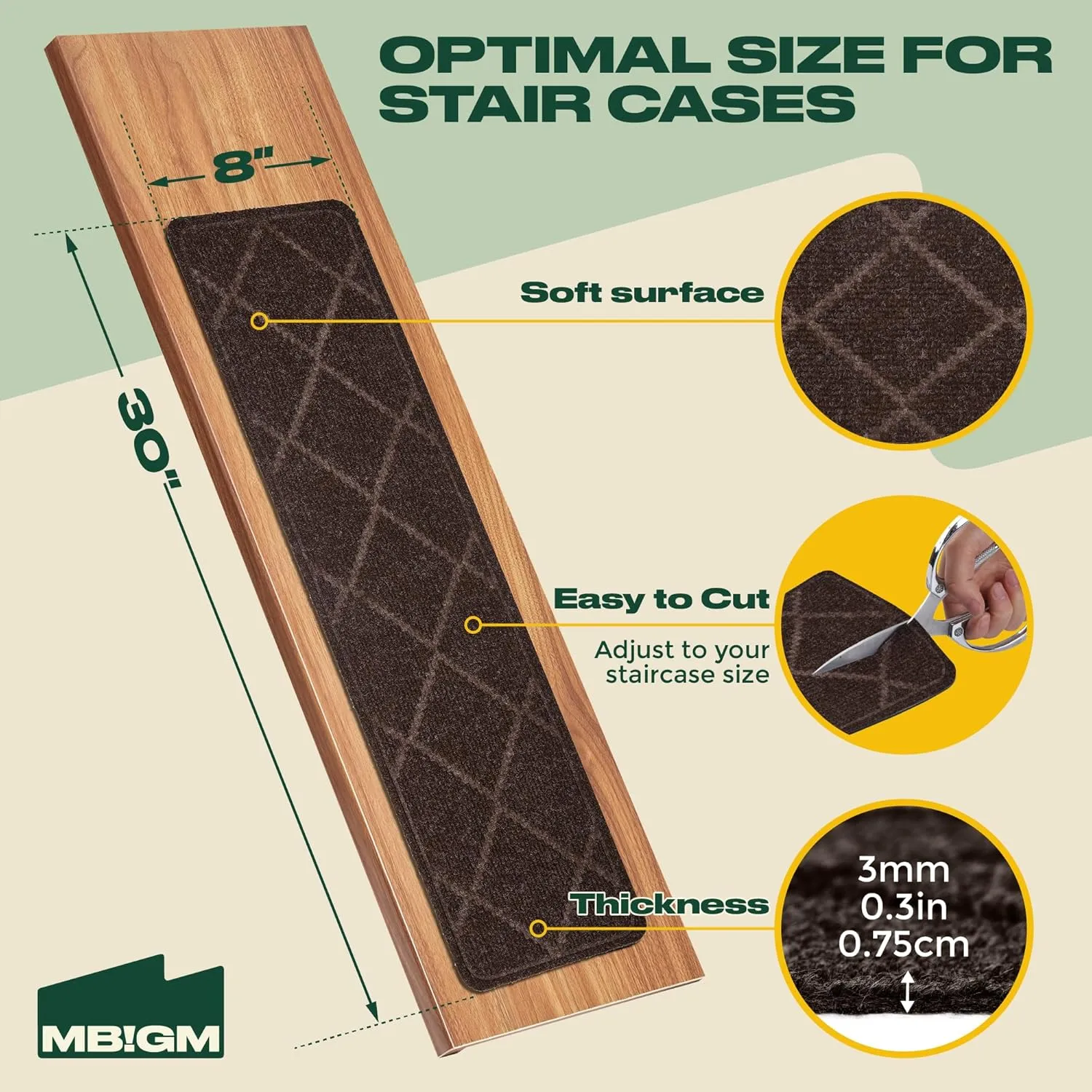 MBIGM 8" X 30" (15 in Pack) Non-Slip Carpet Stair Treads Non-Skid Safety Rug Slip Resistant Indoor Runner for Kids Elders & Pets with Reusable Adhesive - Brown Diamond Weave