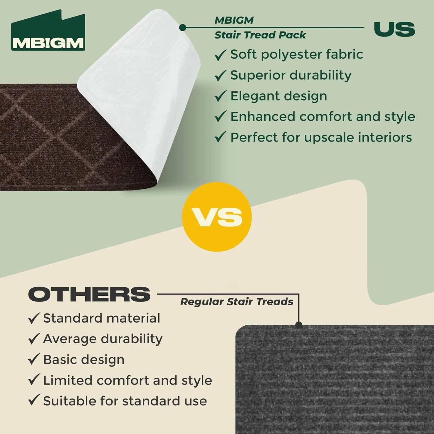 MBIGM 8" X 30" (15 in Pack) Non-Slip Carpet Stair Treads Non-Skid Safety Rug Slip Resistant Indoor Runner for Kids Elders & Pets with Reusable Adhesive - Brown Diamond Weave