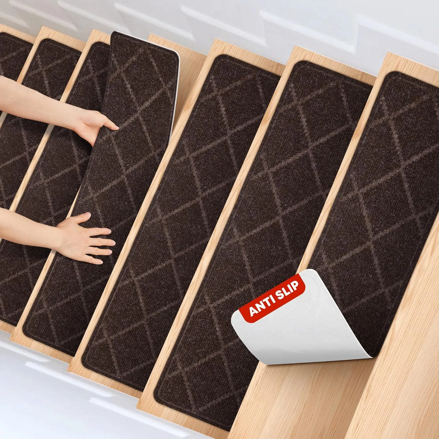 MBIGM 8" X 30" (15 in Pack) Non-Slip Carpet Stair Treads Non-Skid Safety Rug Slip Resistant Indoor Runner for Kids Elders & Pets with Reusable Adhesive - Brown Diamond Weave