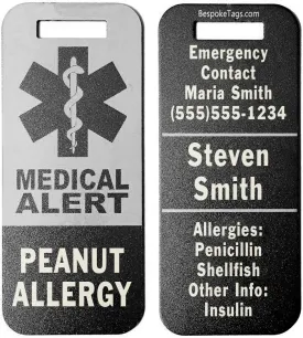 Medical Alert Tag "Peanut Allergy" - Customized Engraved Info (Black)