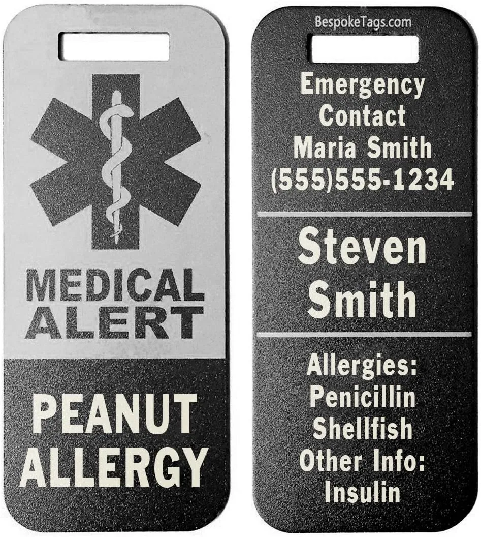 Medical Alert Tag "Peanut Allergy" - Customized Engraved Info (Black)