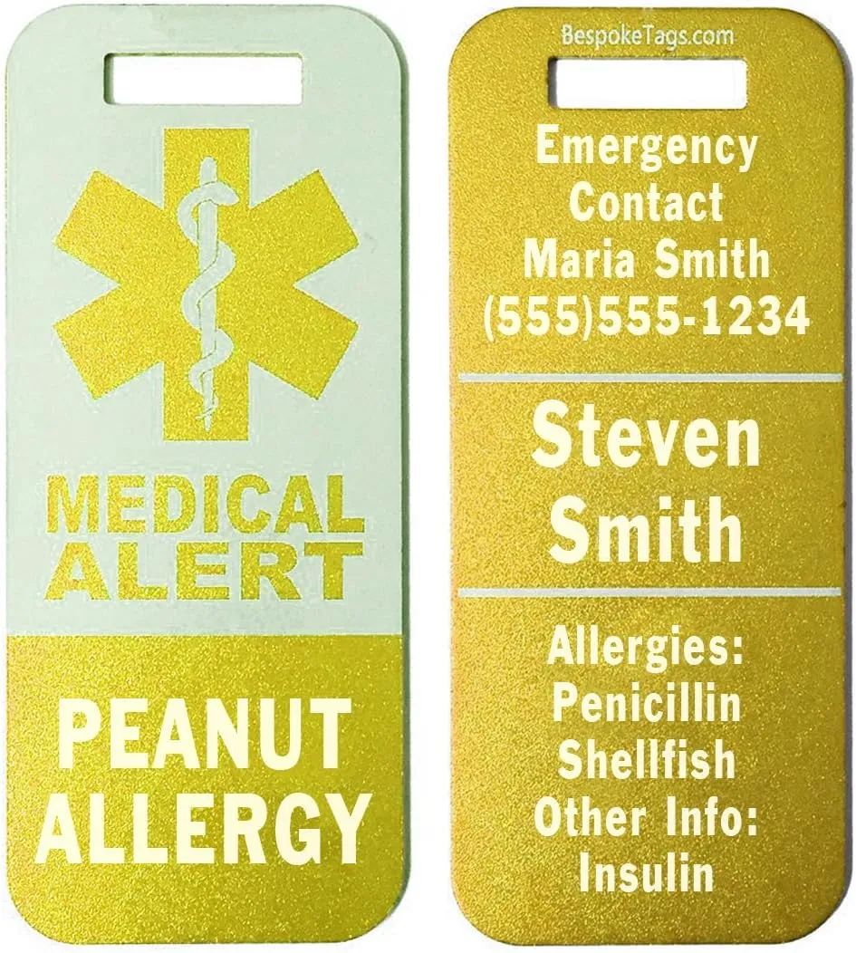 Medical Alert Tag"Peanut Allergy" - Customized Engraved Info (Gold)